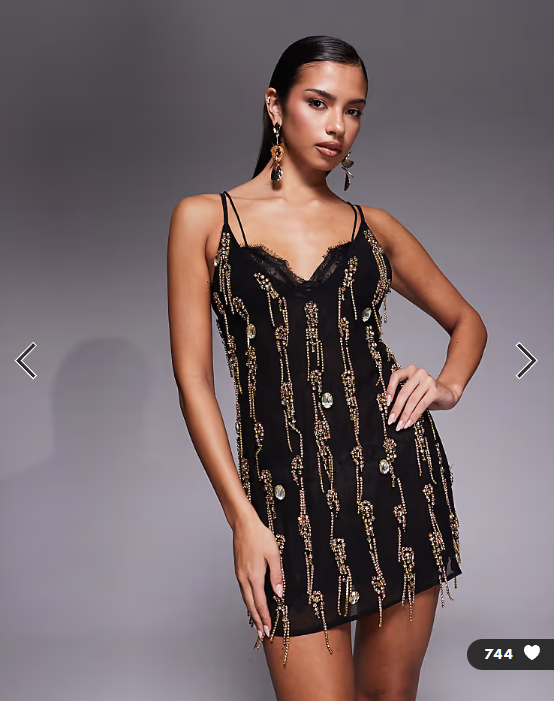 ASOS DESIGN brooch embellished mini dress with sheer lace lining in black