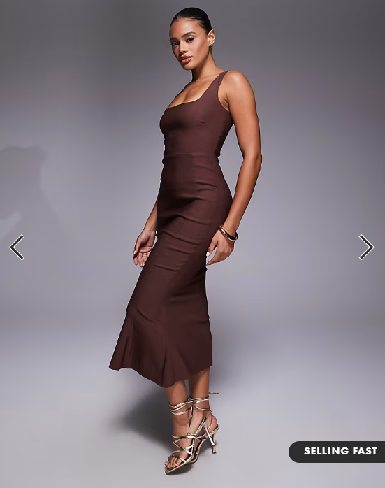 Vesper bengaline sleeveless square neck fishtail midi dress in chocolate brown