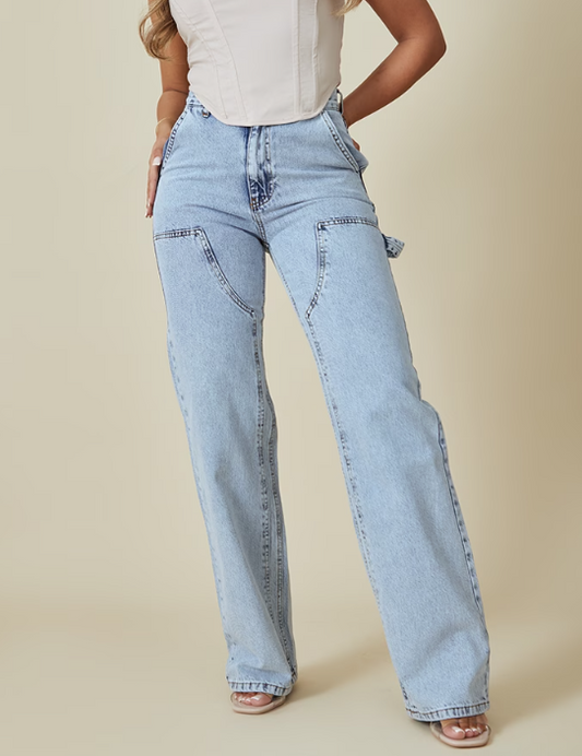 Light Blue Wash Seam Detail Panel Straight Leg Jeans