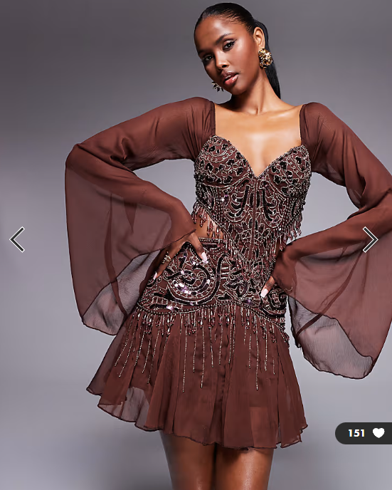 ASOS DESIGN fluted sleeve mini dress with placement embellishment in chocolate