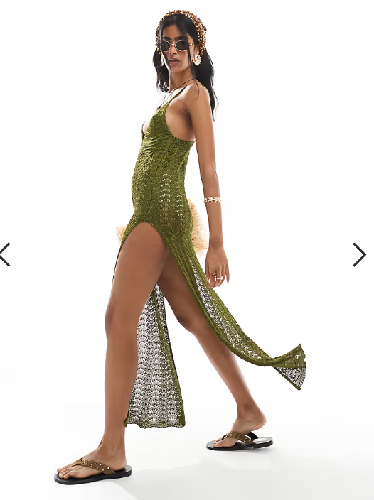 Miss Selfridge deep v neck knitted crochet maxi dress in dark olive