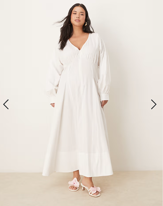 ASOS DESIGN Curve long sleeve v neck poplin maxi dress in white