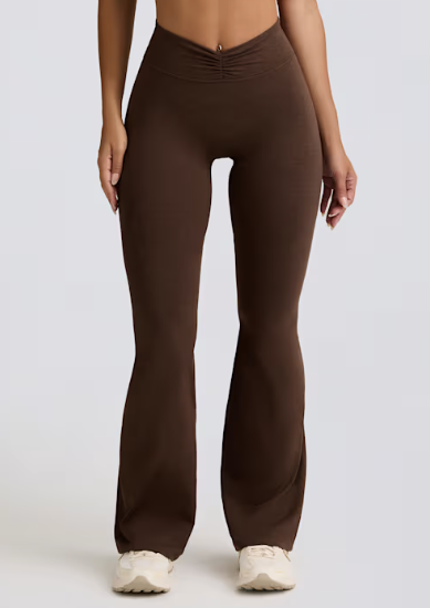 BO+TEE - Brushed Jersey Ruched Flared Trousers in Pecan Marl
