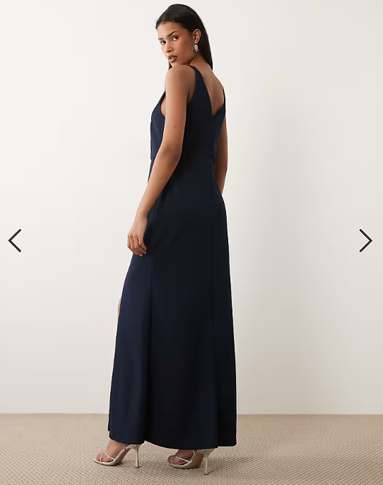 Vila deep v neck maxi dress with leg split in navy