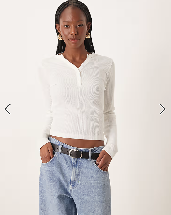 ASOS DESIGN shrunken waffle long sleeve henley tee in cream