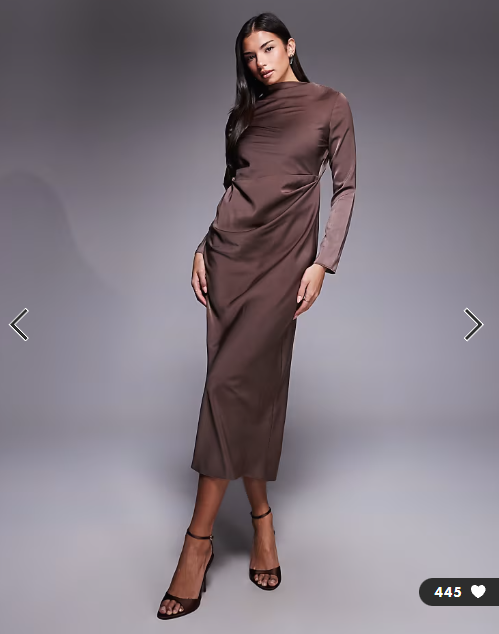 ASOS DESIGN long sleeved high neck pleated bodice midi dress in chocolate