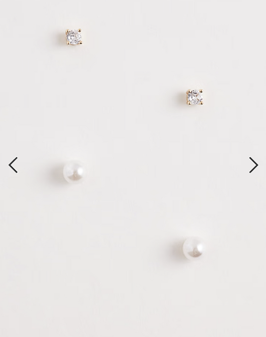 ASOS DESIGN pack of 2 studs in faux pearl and diamante design in gold tone