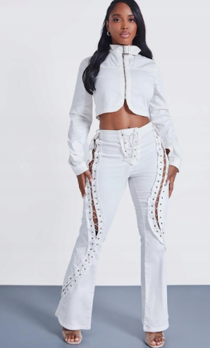 Plt Shape White Denim Lace Up Detail Flare Jeans