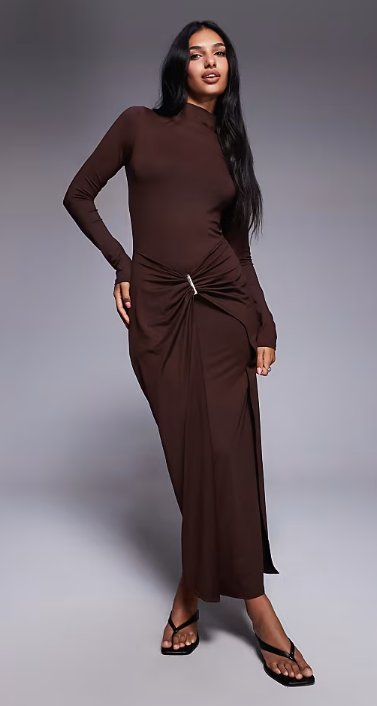 ASOS DESIGN slash neck long sleeve wrap hardware detail midi dress in chocolate
