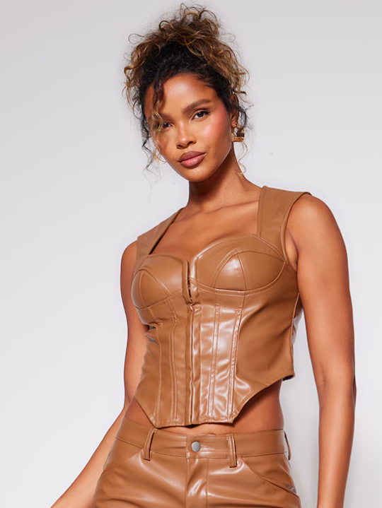 Stone Faux Leather Corset Detail Long Top