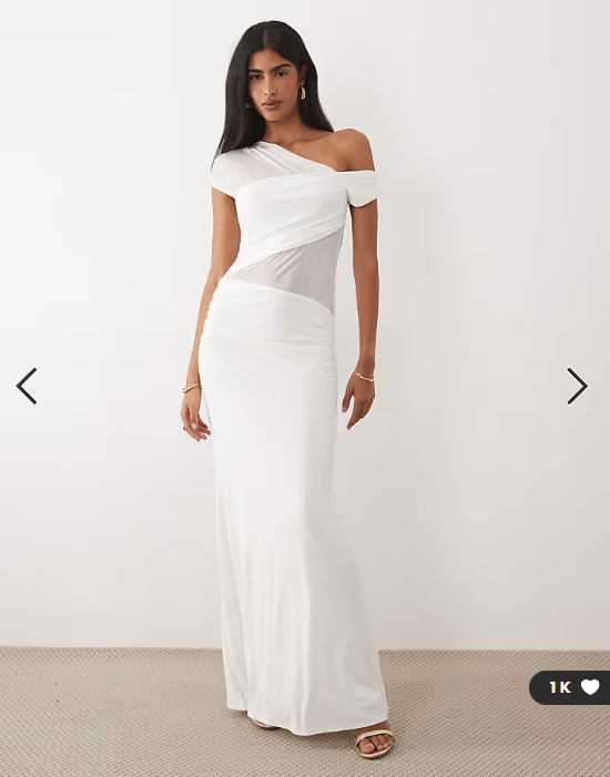 ASOS DESIGN fallen shoulder mesh sheer panelled maxi dress in white