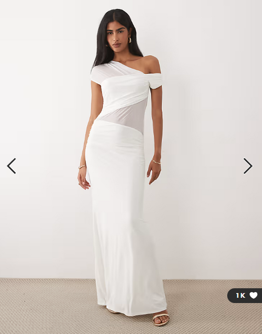 ASOS DESIGN fallen shoulder mesh sheer panelled maxi dress in white