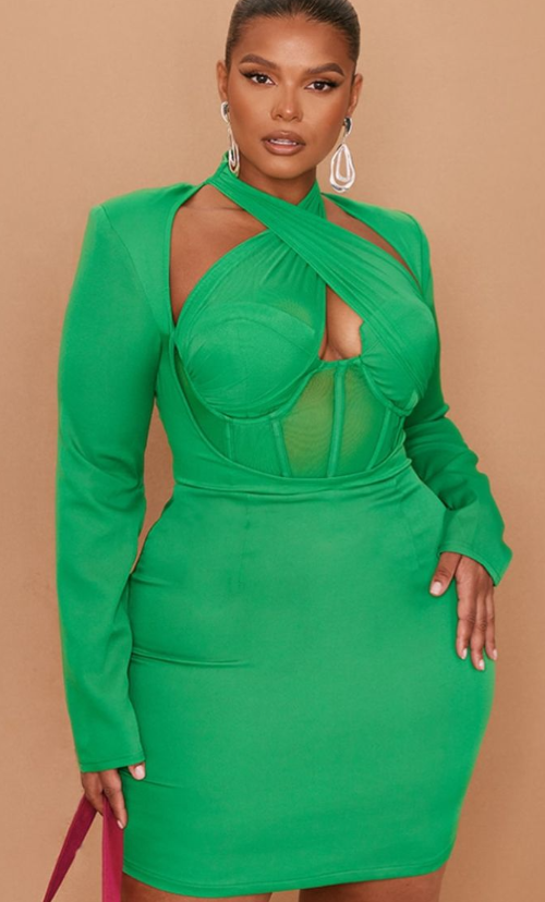 Plus Bright Green Premium Corset Cross Front Bodycon Dress