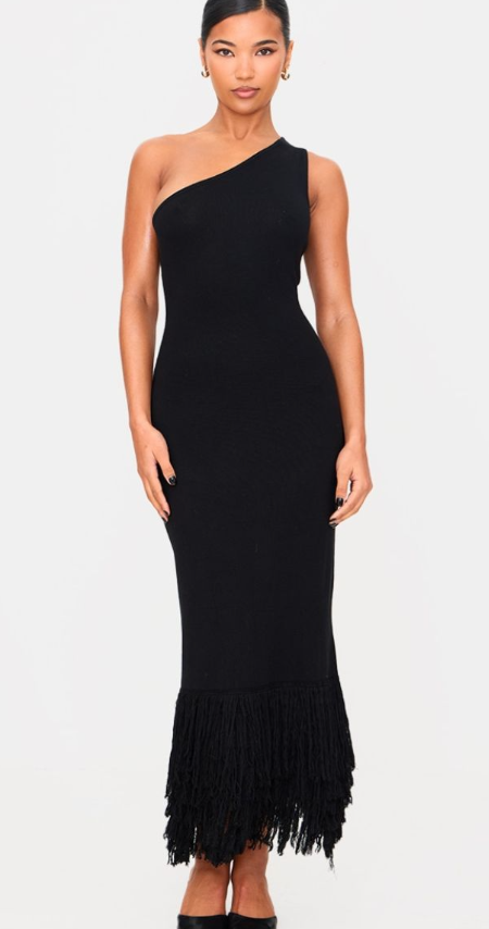Plt  - Black Fine Knit Fringe Hem One Shoulder Maxi Dress