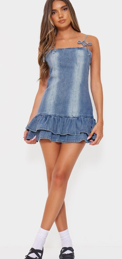 Plt - Vintage Bow Detail Puffball Denim Mini Dress