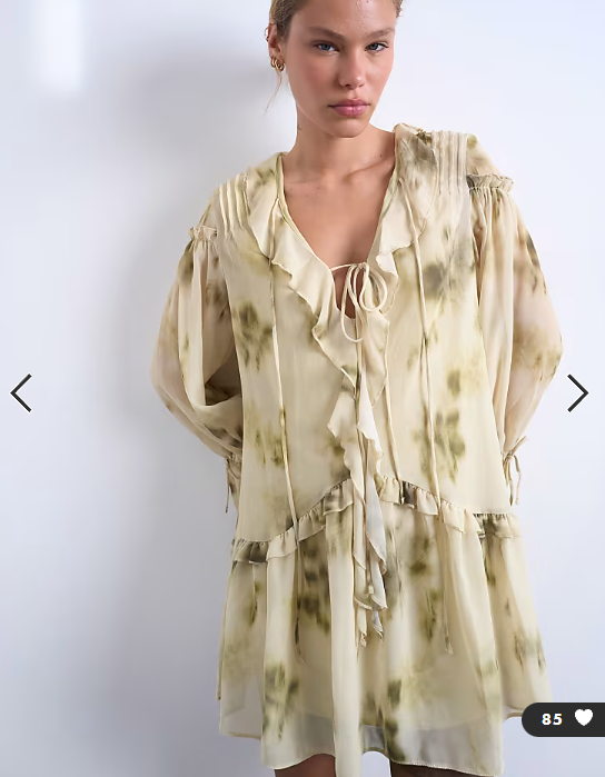 Topshop poet sleeve frill mini dress in green floral print