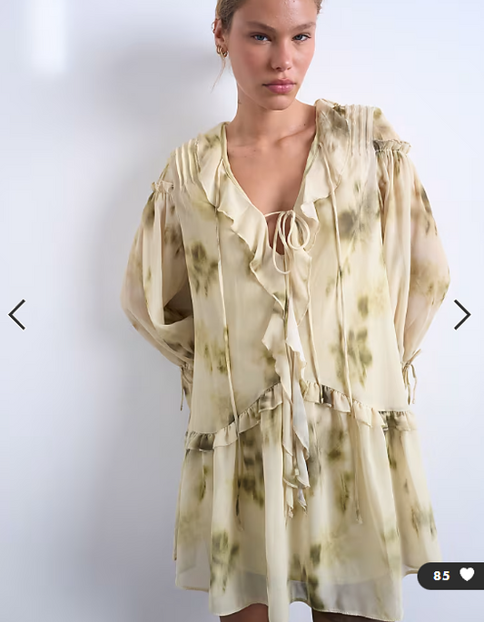 Topshop poet sleeve frill mini dress in green floral print