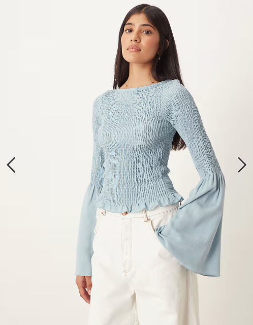 ASOS DESIGN shirred top with angel sleeves in dusky blue