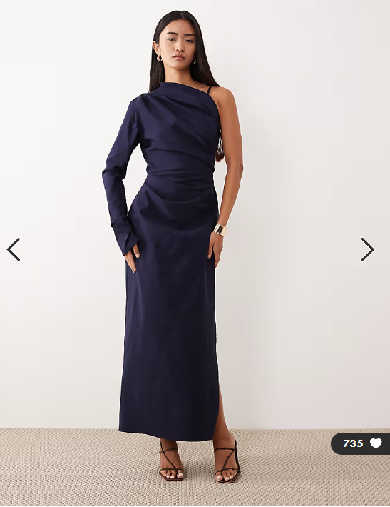 ASOS DESIGN one shoulder draped midi dress in navy