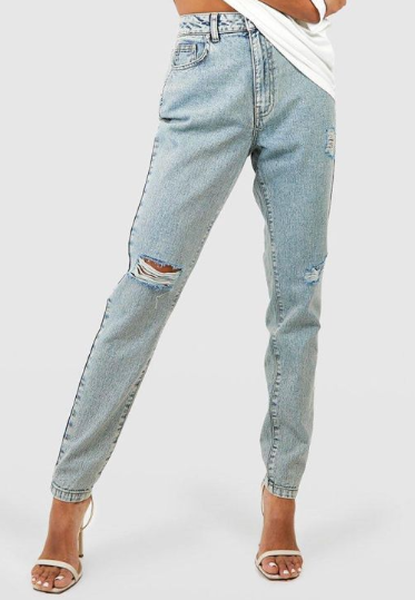 Boohoo - Basics High Waisted Ripped Mom Jeans - washed blue
