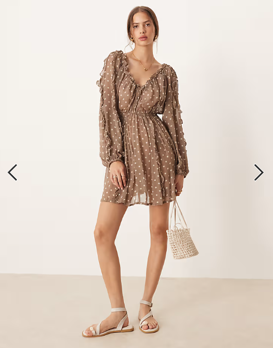 ASOS DESIGN ruffle v neck mini dress with tie front in chocolate spot
