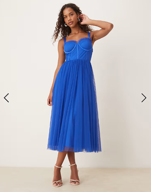 Lace & Beads - Tulle corset midi dress in cobalt
