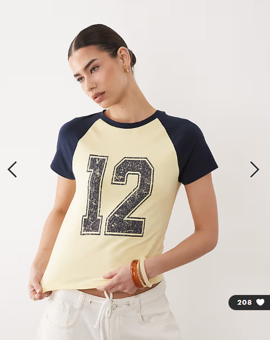 ASOS DESIGN raglan sleeve baby tee with distressed 12 graphic in buttermilk and navy