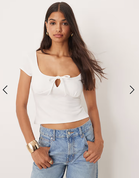 ASOS DESIGN milkmaid cap sleeve ruched bust top with tie detail in cream