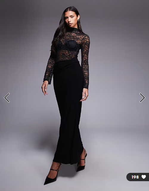 ASOS DESIGN high neck long sleeve sheer lace with draped waist faux ord maxi dress in black