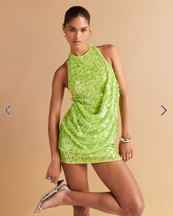 ASOS DESIGN embellished sequin draped front mini dress with high neck and open back in neon green