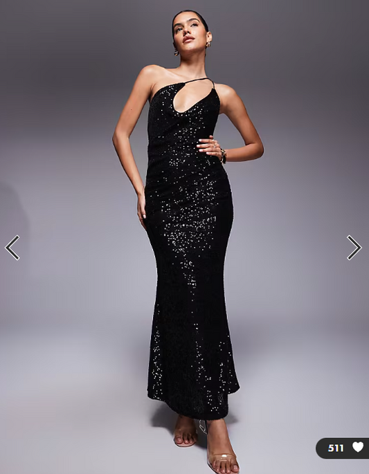 ASOS DESIGN sequin one shoulder strappy maxi dress with cowl in black