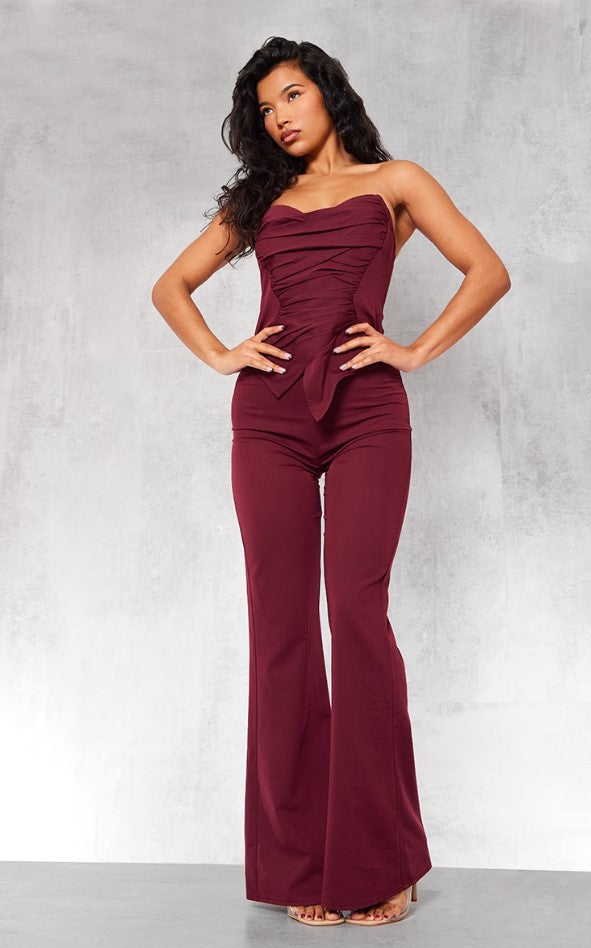 Cherry Red Ruch Pointed Corset Bandeau Jumpsuit