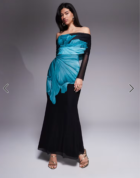 AFRM stretch mesh off the shoulder teal flower maxi dress in black