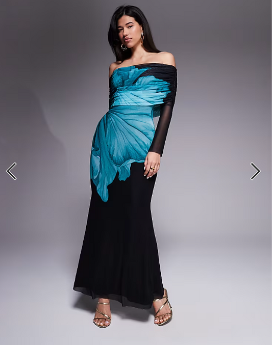 AFRM stretch mesh off the shoulder teal flower maxi dress in black