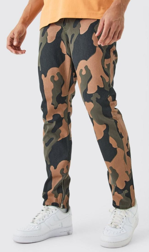 BoohooMAN Slim Rigid Camo Zip Hem Jeans - brown