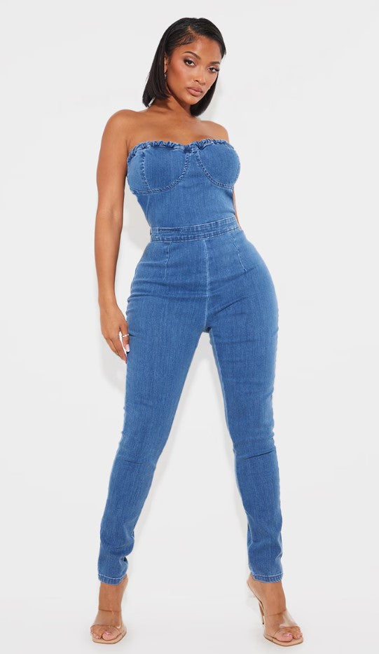 Shape Mid Blue Wash Cup Detail Tie Back Denim Jumpsuit