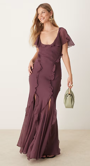 ASOS DESIGN flutter sleeve ruffle godet maxi dress in aubergine