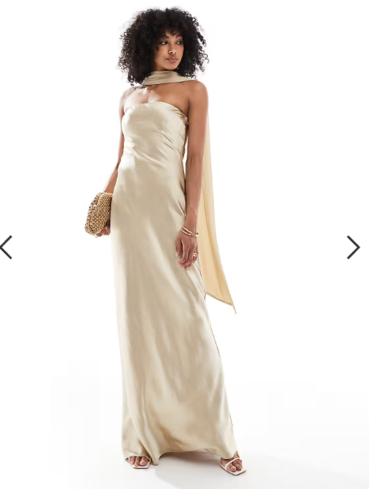 Six Stories Bridesmaid satin maxi dress with chiffon neck scarf in soft gold
