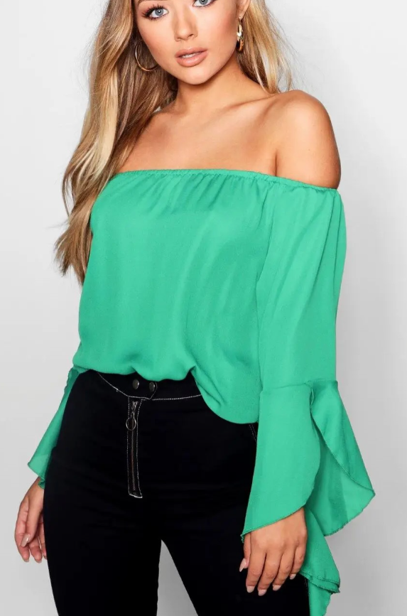 Boohoo - Green Fluted Frill Sleeve Off The Shoulder Top