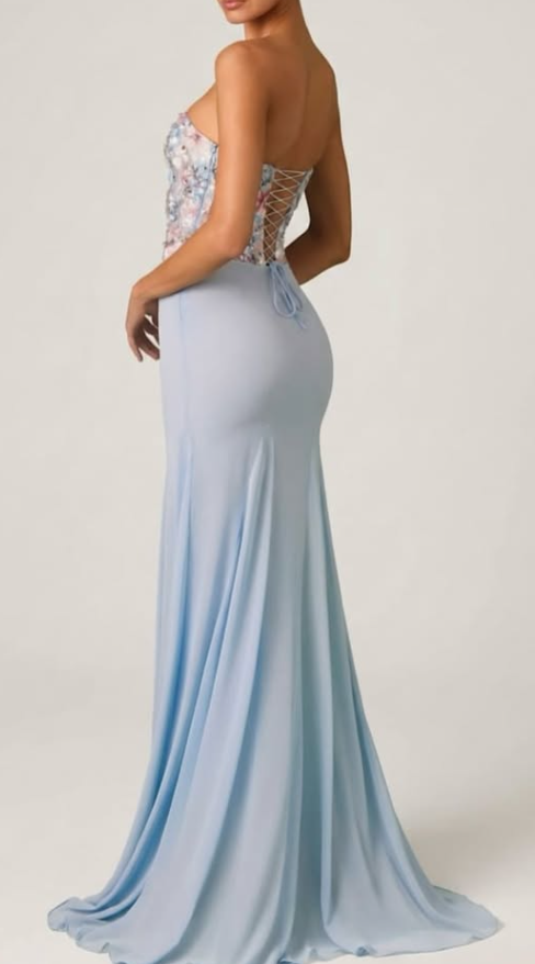 OhPolly-Embellished Corset Fishtail Gown in Floral Blue