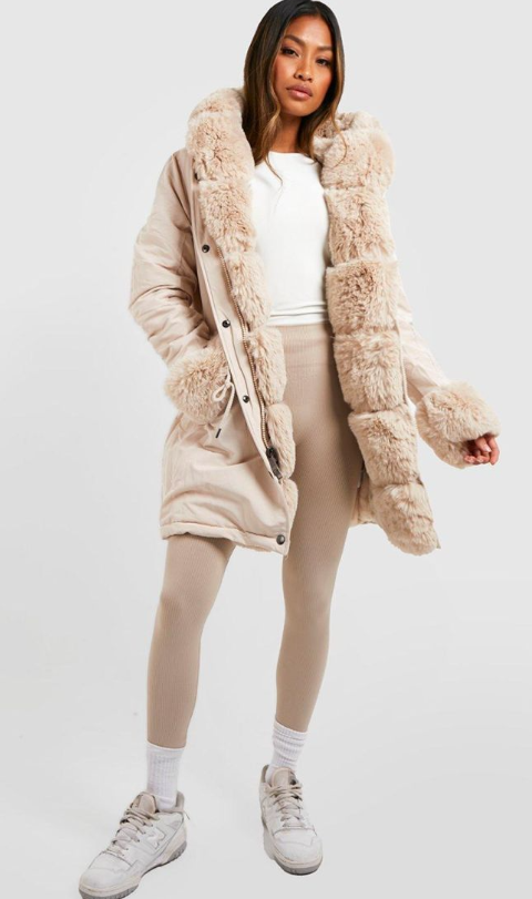 Boohoo Luxe Faux Fur Trim Collar And Cuff Parka - cream