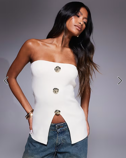 Asos DESIGN knitted button front bandeau with gold buttons in ecru