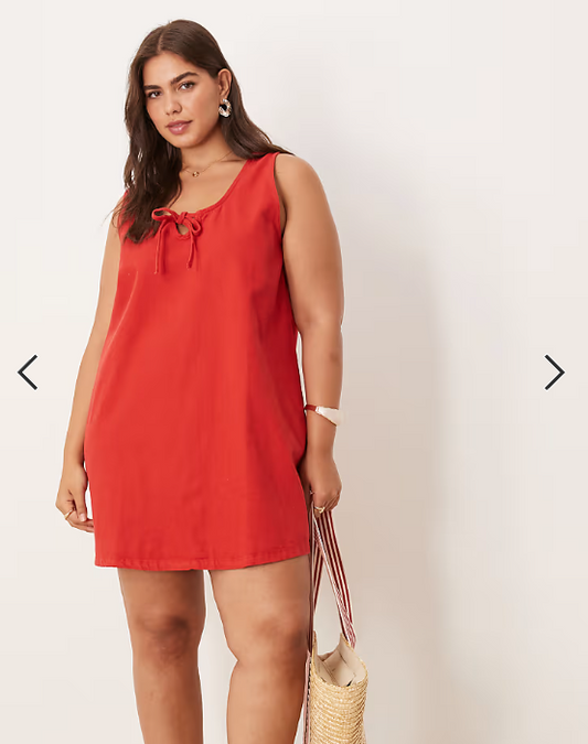 ASOS DESIGN Curve denim scoop mini dress with bow front in red