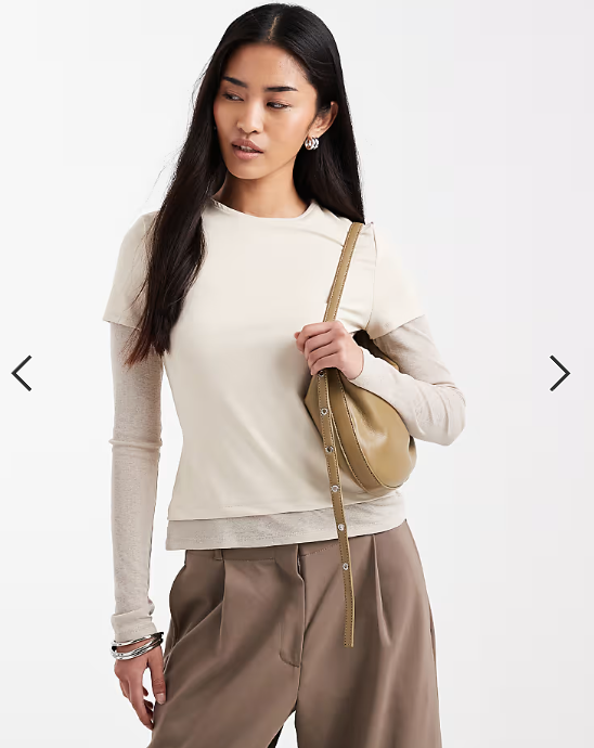 ASOS DESIGN long sleeve mesh double layer top in buttermilk