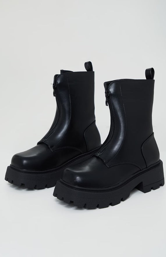 Black Matte PU Chunky Cleated Zip Up Boots