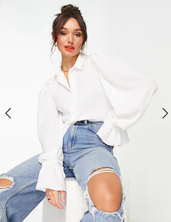 ASOS DESIGN volume sleeved soft shirt with ruffle cuffs in ivory
