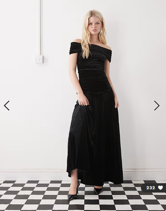 Lioness Field of Dreams foldover bardot ruched drop waist pleated velvet maxi dress in black