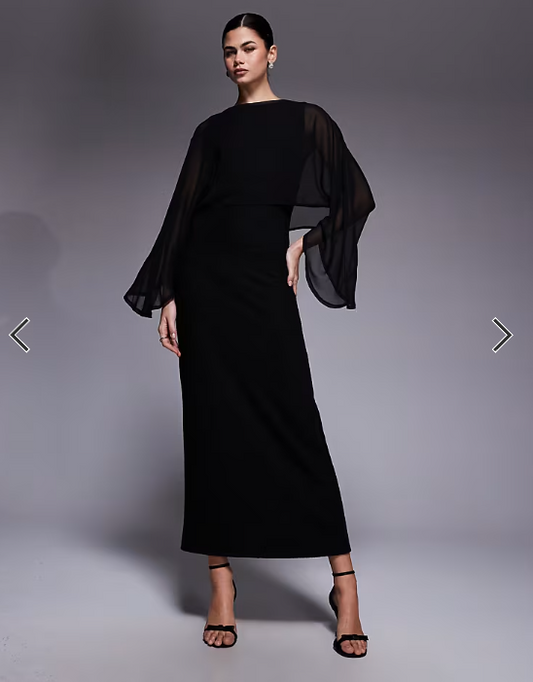 ASOS DESIGN asymmetric sleeve maxi dress with chiffon cape in black