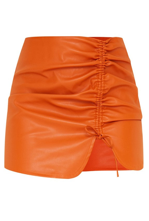 Burnt Orange Faux Leather Ruched Front Mini Skirt