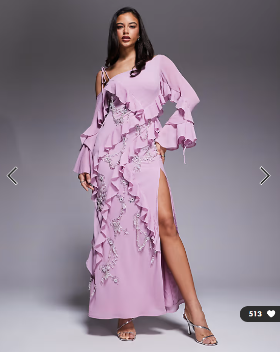 ASOS DESIGN raw edge ruffle embellished maxi dress with asymmetric sleeves in pink